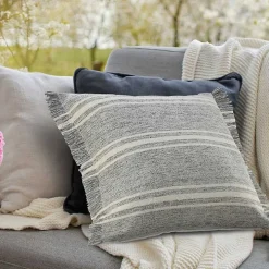 Gray and White Triple Stripe Outdoor Pillow