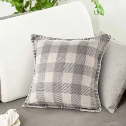 Gray Buffalo Check Stitched Outdoor Throw Pillow