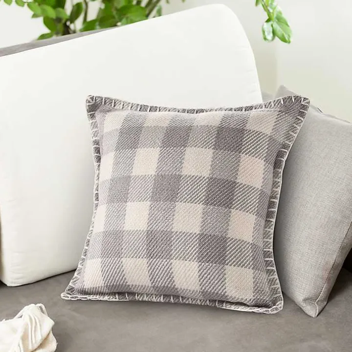 Gray Buffalo Check Stitched Outdoor Throw Pillow