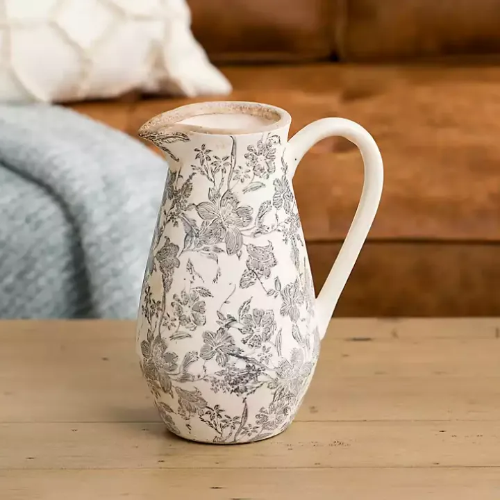 Gray Ceramic Vintage Floral Pitcher Vase