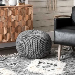 Gray Chain Knitted Round Pouf