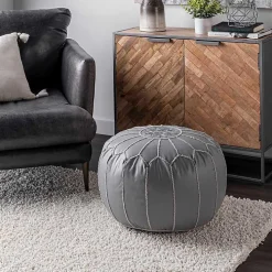 Gray Faux Leather Round Pouf