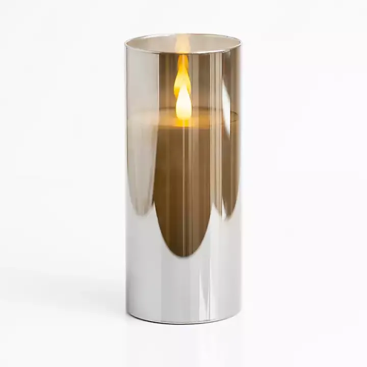 Gray LED Soft Flame Glass Pillar Candle, 3x7 in.