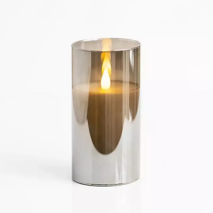 Gray LED Soft Flame Glass Pillar Candle, 4x6 in.