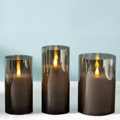Gray LED Soft Flame Glass Pillar Candle, 3x6 in.
