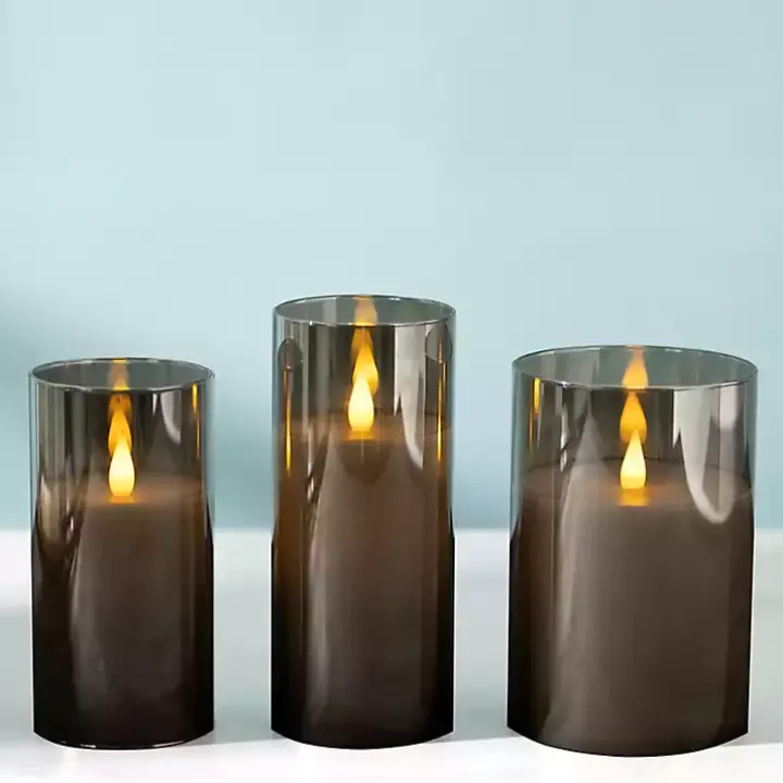 Gray LED Soft Flame Glass Pillar Candle, 4x6 in.
