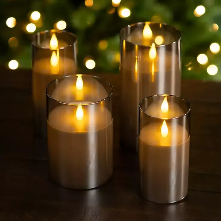 Gray LED Soft Flame Glass Pillar Candle, 3x6 in.