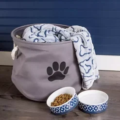 Gray Paw Print Round Basket with Handles