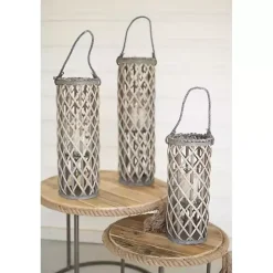 Gray Willow Lanterns with Glass Pillars, Set of 3