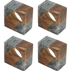 Gray Wood and Resin Square Napkin Rings, Set of 4