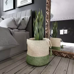 Green and Cream Woven Basket with Tassel, 17 in.