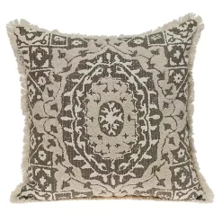 Green and Tan Medallion Fringe Pillow