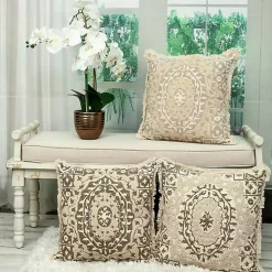 Green and Tan Medallion Fringe Pillow