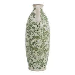 Green and White Floral Ceramic Vase, 15.6 in.