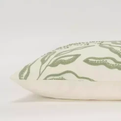 Green Embroidered Botanical Lumbar Pillow