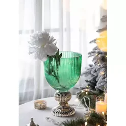 Green Glass Vase with Gold Pedestal Base, 16 in.