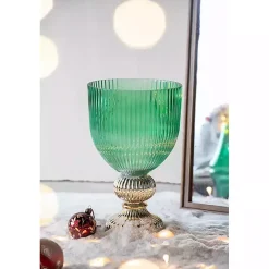 Green Glass Vase with Gold Pedestal Base, 16 in.