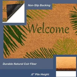 Green Palm Fronds Welcome Coir Doormat