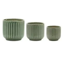 Green Ribbed Terracotta Planters, Set of 3
