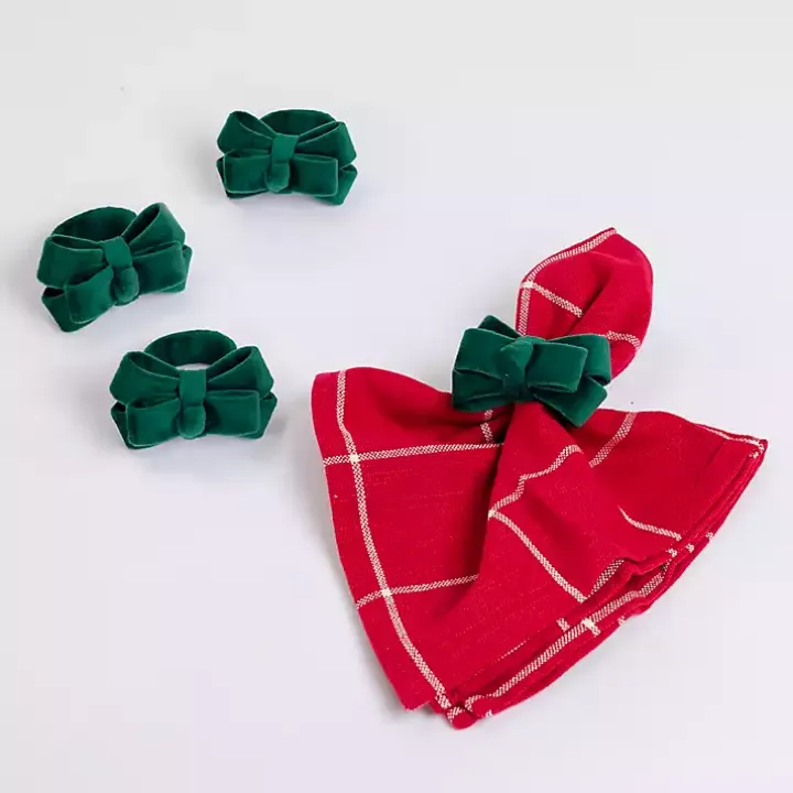 Green Velvet Bow Napkin Rings, Set of 4