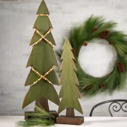 Green Wood Christmas Tree Statues, Set of 3