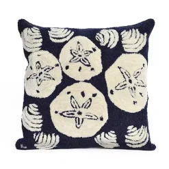 Handhooked Navy Sand Dollar Outdoor Throw Pillow