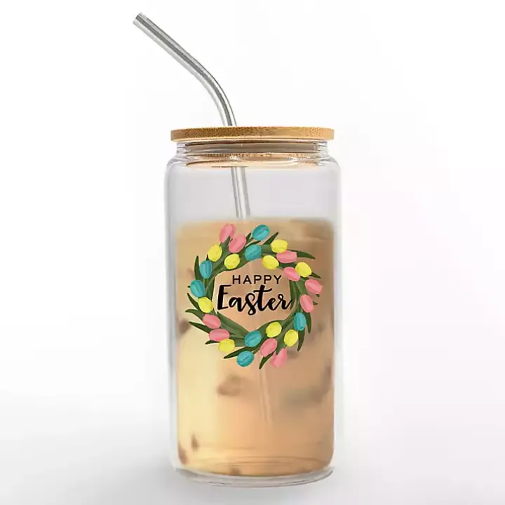 Happy Easter Wreath Glass Tumbler