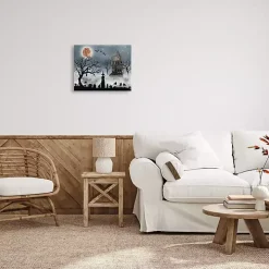 Haunted House Witch Scene Canvas Wall Plaque