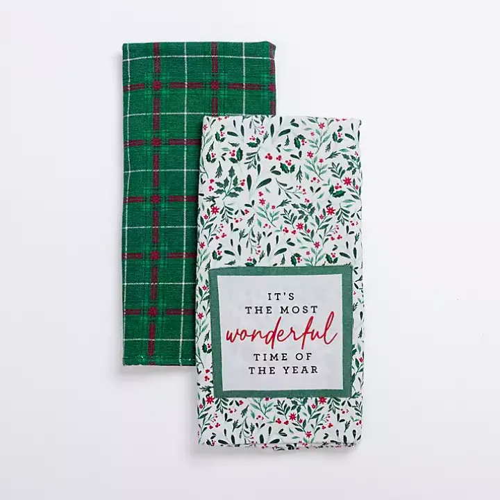 Holly and Plaid Kitchen Towels, Set of 2