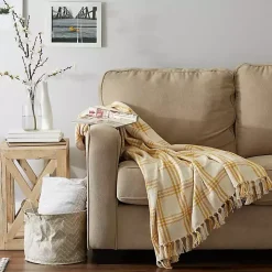Honey Gold Plaid Fringe Throw