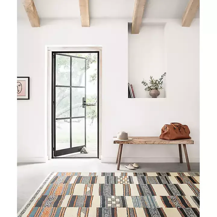 Ivory and Multicolored Tribal Outdoor Rug, 7x11