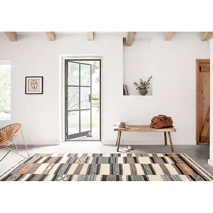 Ivory and Multicolored Tribal Outdoor Rug, 6x9