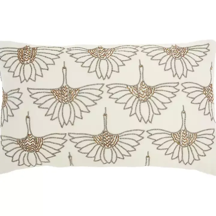 Ivory Beaded Floral Motif Lumbar Pillow