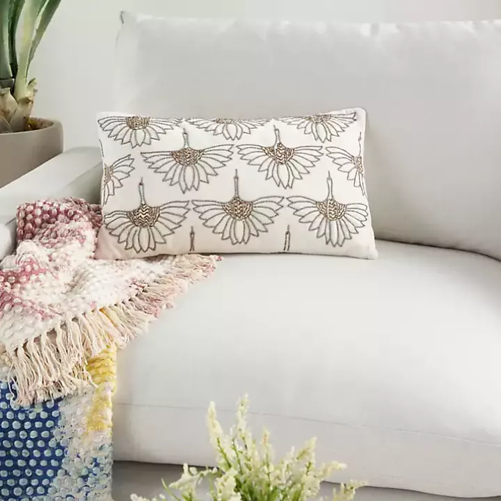 Ivory Beaded Floral Motif Lumbar Pillow