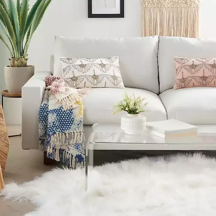 Ivory Beaded Floral Motif Lumbar Pillow