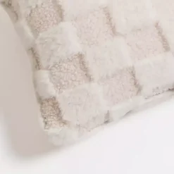 Ivory Faux Fur Checkerboard Lumbar Pillow