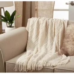 Knitted Beige with Fringe Throw Blanket