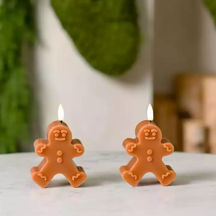 LED Brown Gingerbread Man Pillar Candles, Set of 2
