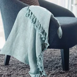 Light Blue Checkered Weave Fringe Throw