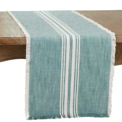 Light Blue Striped Fringe Table Runner, 72 in.