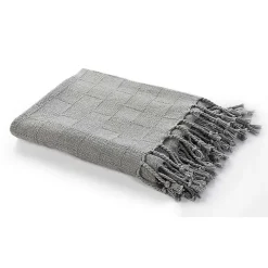 Light Gray Checkered Weave Fringe Throw