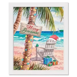 Merry Beachmas White Framed Canvas Art Print