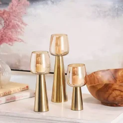 Modern Gold Base Glass 3-pc. Candle Holder Set