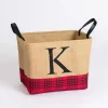 Monogrammed K Red and Black Plaid Jute Bin
