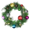 Multicolored Ornaments and Pine Wreath