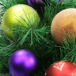 Multicolored Ornaments and Pine Wreath