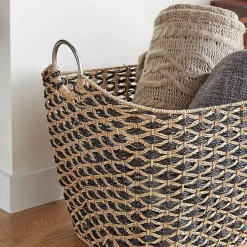 Natural and Black Seagrass Diamond Weave Basket