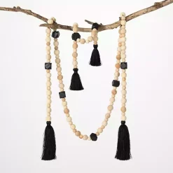 Natural and Black Wood Bead Garlands, Set of 2