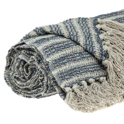 Natural Blue Striped Woven Tassel Throw