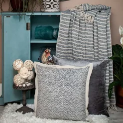 Natural Blue Striped Woven Tassel Throw